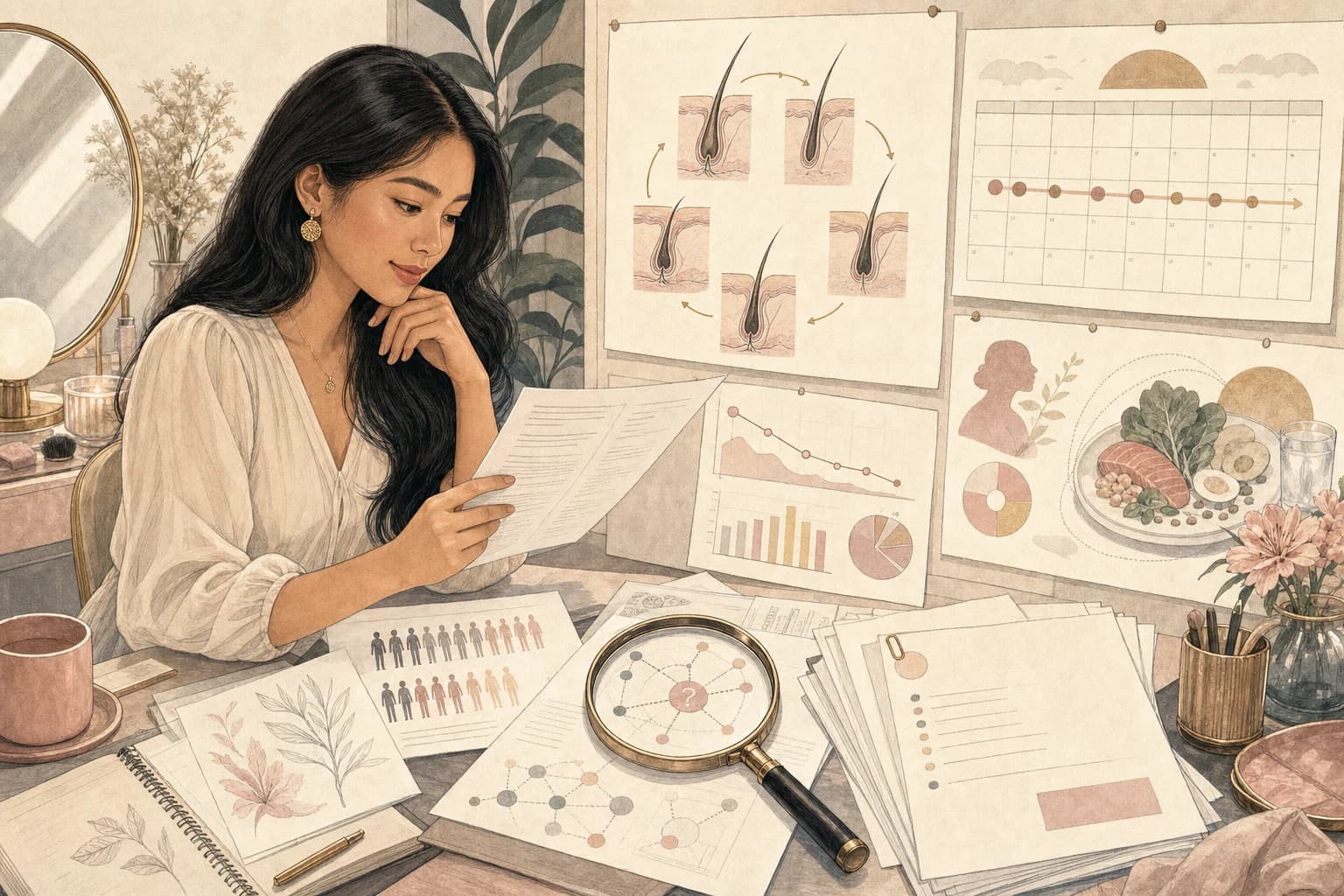 Editorial illustration for a Filipino reader examining the evidence around GLP-1 medicines and hair shedding.