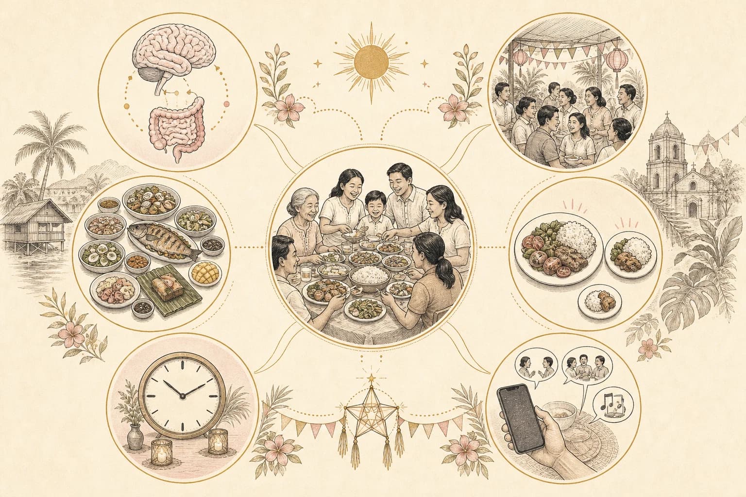 Evidence map connecting gut signals with social setting, food variety, portions, pace, and attention.