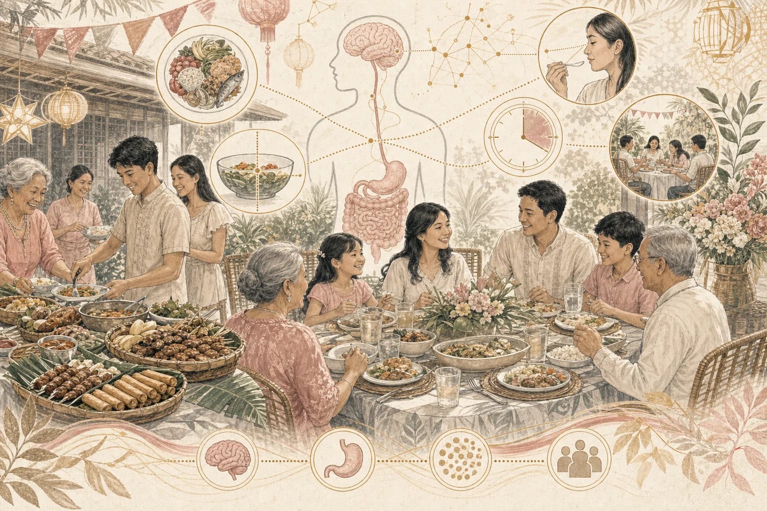 Editorial scene of a Filipino family celebration viewed through the lens of appetite research.