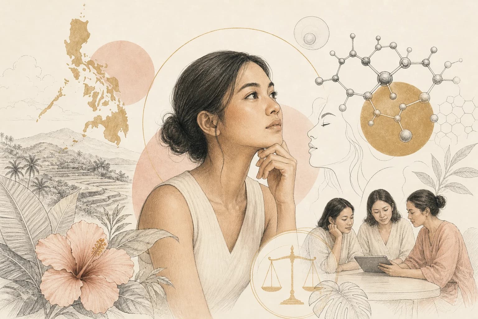 Editorial illustration for “Glutathione, skin lightening, and a kinder reading of the evidence,” created for Philippine readers.