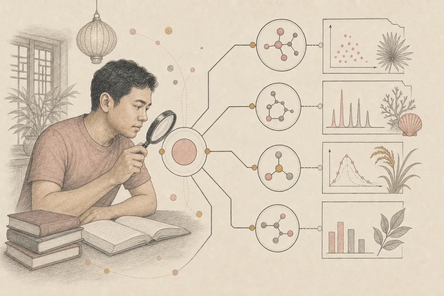 Editorial illustration of a reader comparing a two-ingredient peptide label with separate evidence notes