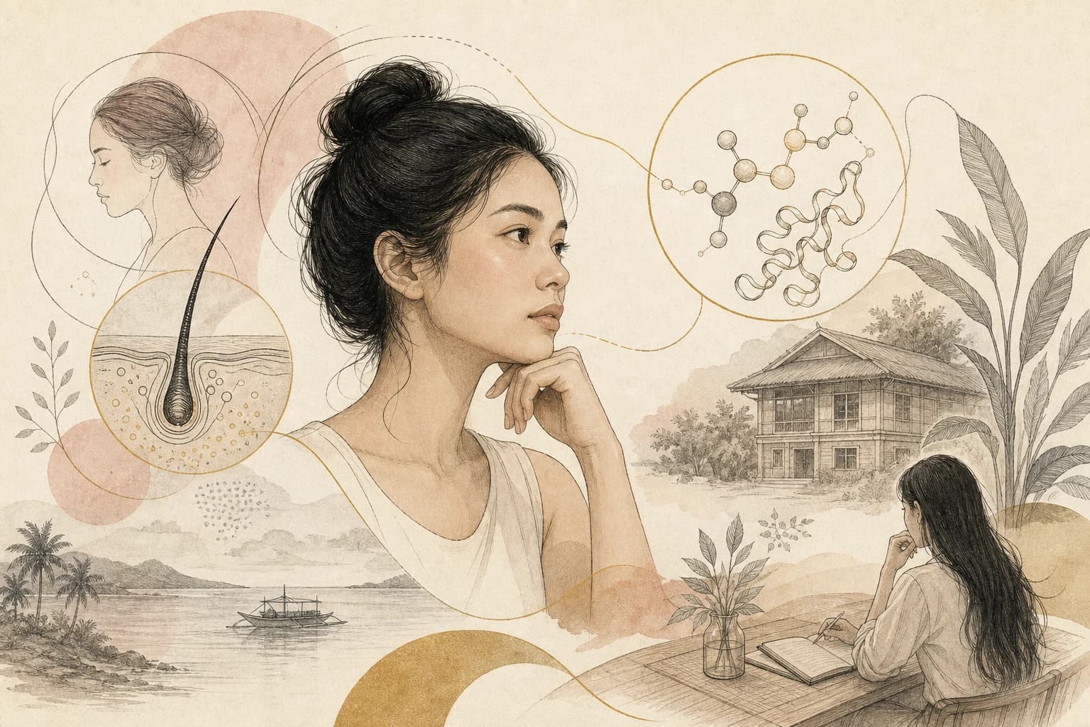 Editorial illustration for “Hair shedding after rapid weight change: where GHK-Cu claims enter the conversation,” created for Philippine readers.