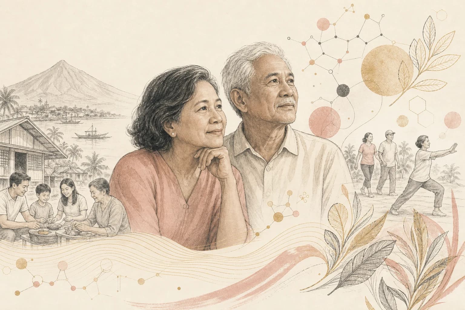 Editorial illustration for “Healthy aging in the Philippines, without miracle language,” created for Philippine readers.