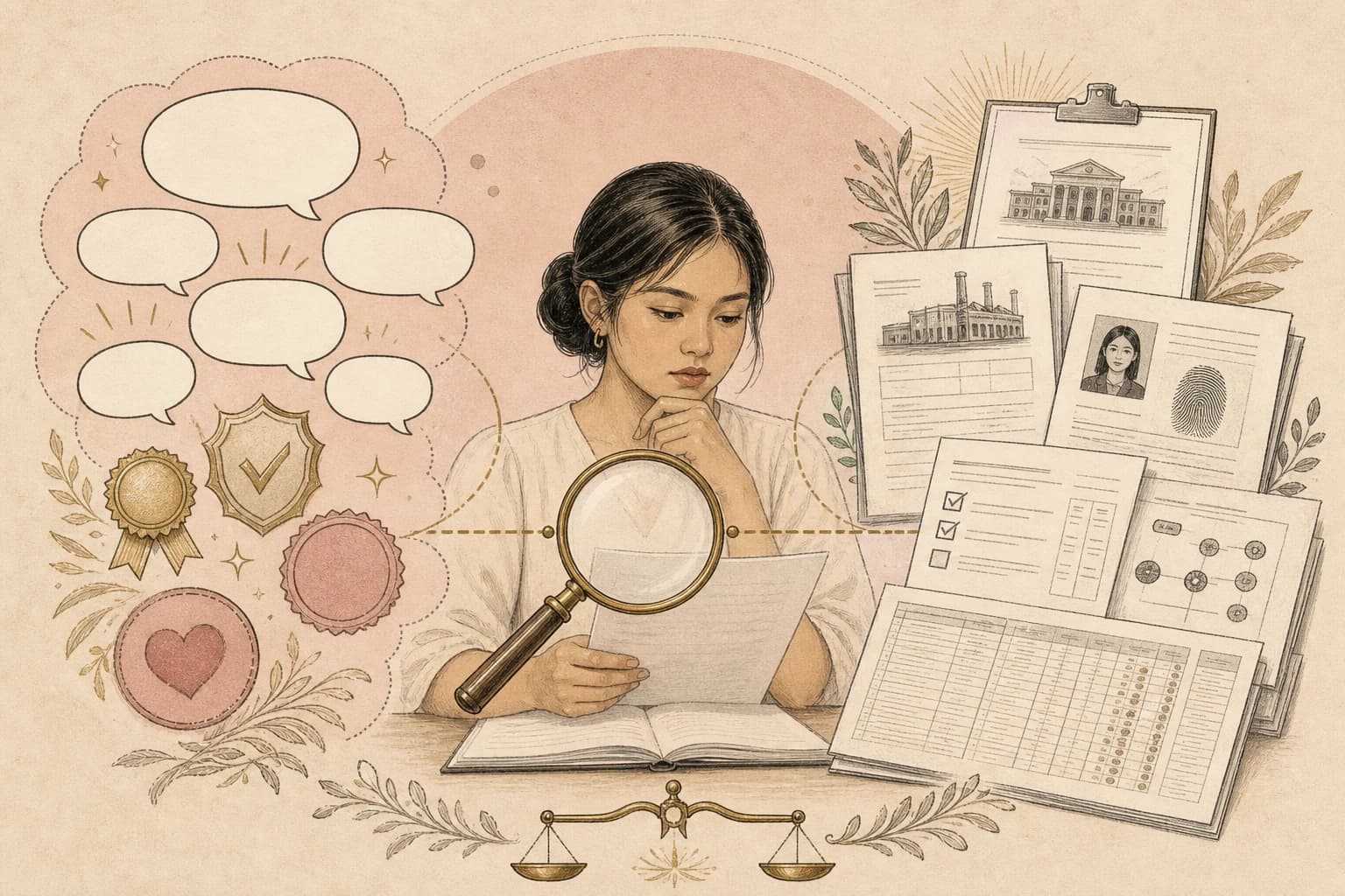Editorial illustration of a Filipino reader comparing peptide seller phrases with formal quality records.