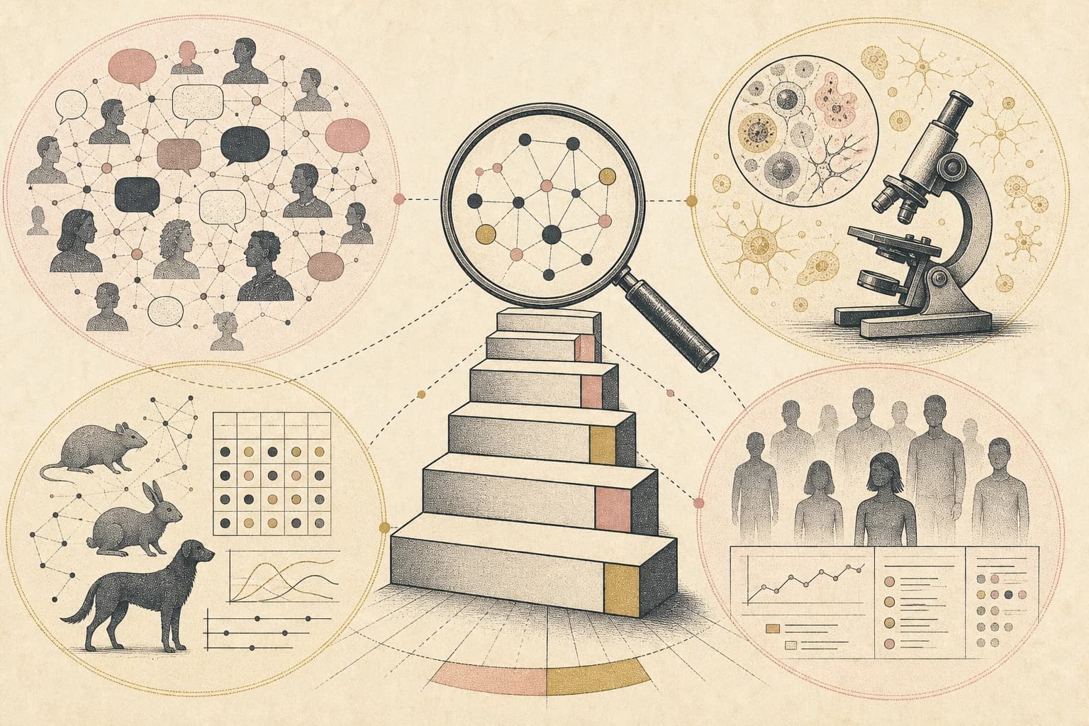Evidence map separating BPC-157 forum conversation, laboratory work, animal studies, and limited human observations.