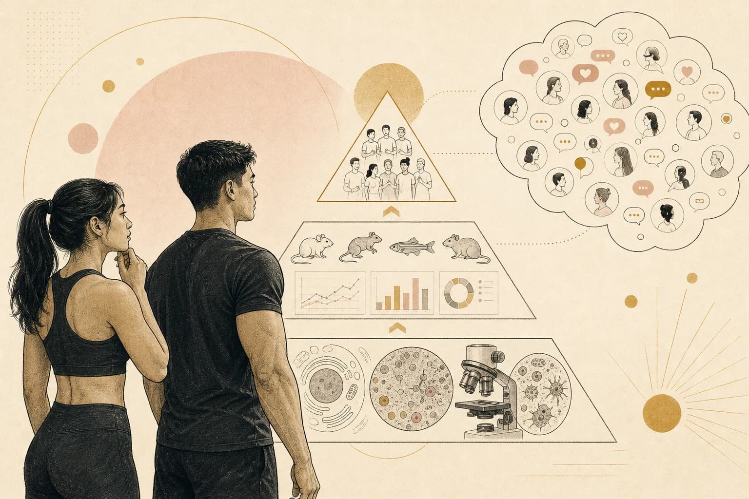 Editorial illustration of Filipino gym partners separating online BPC-157 recovery talk from research evidence.