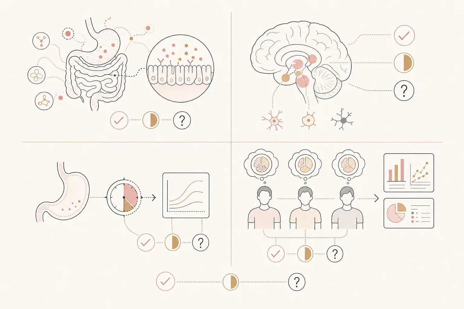 Evidence map for “How Semaglutide Changes Appetite Signals in the Brain and Gut,” separating study findings, research context, and unanswered questions.