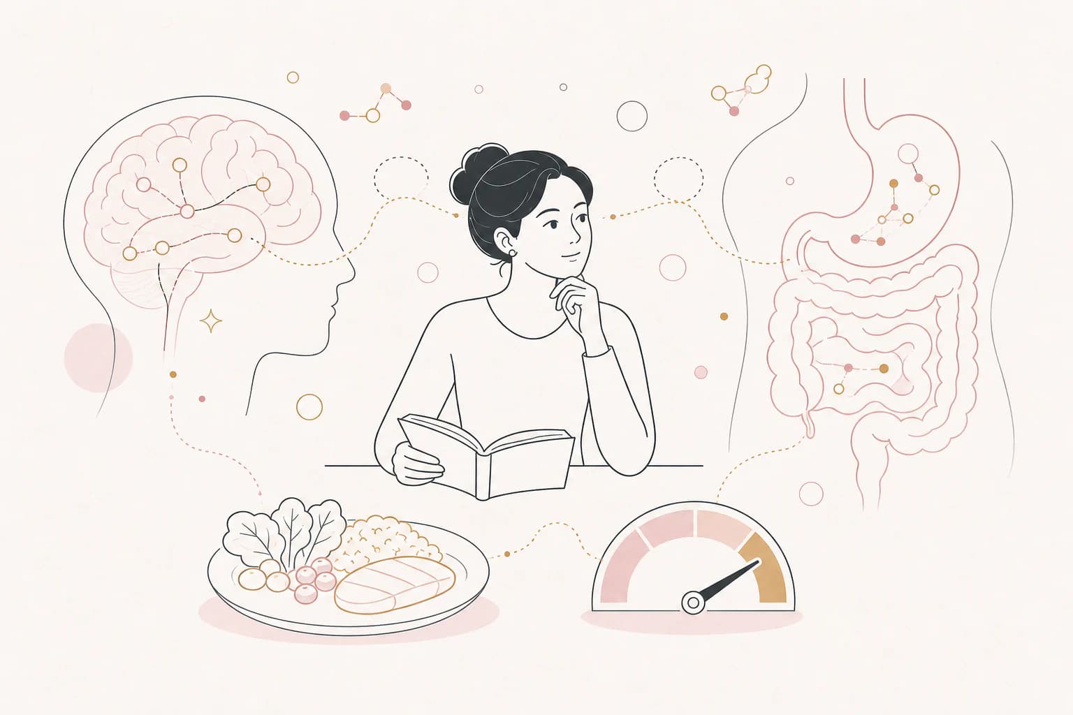 Editorial illustration for “How Semaglutide Changes Appetite Signals in the Brain and Gut,” showing a Filipino reader examining the research context.
