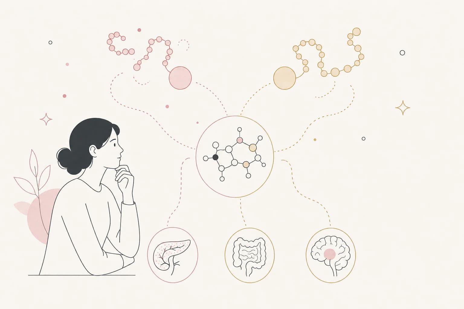 Editorial illustration for “How Tirzepatide Works: GLP-1 and GIP, Explained,” showing a Filipino reader examining the research context.