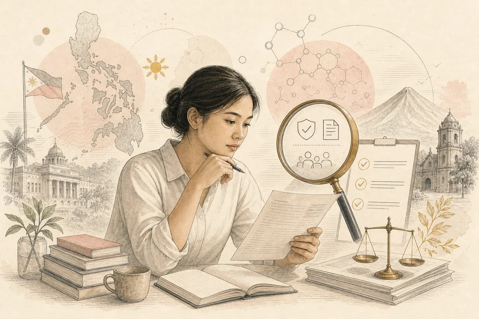 Editorial illustration for “How to check Philippine advisories and registered claims for glutathione products,” created for Philippine readers.
