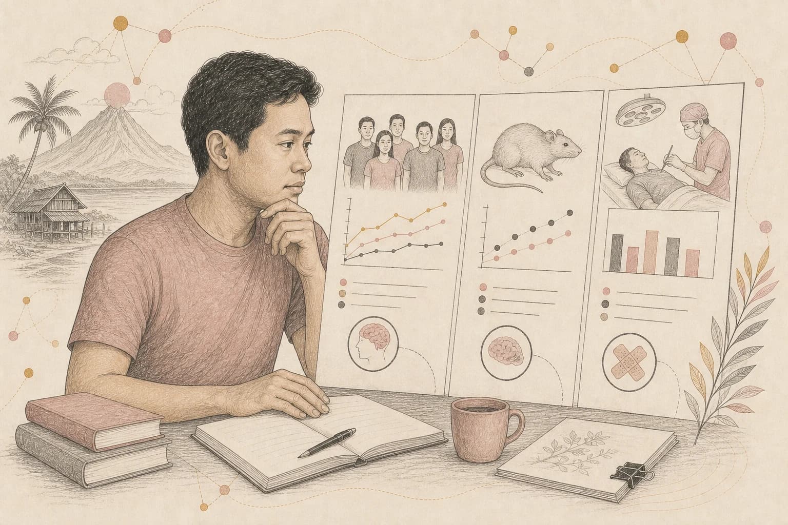Editorial illustration of a Filipino reader comparing animal research with human evidence