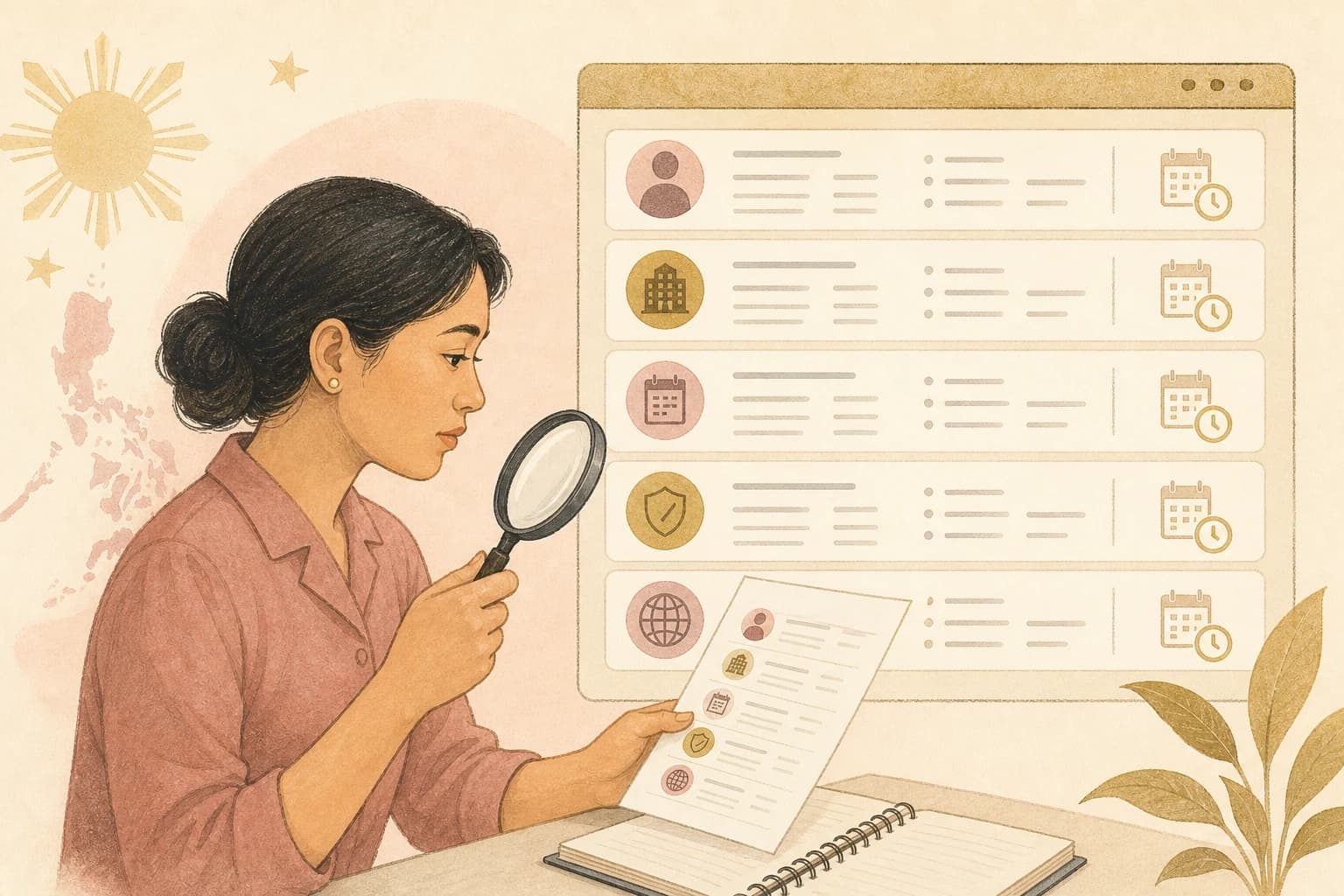 Editorial illustration for “Is Mounjaro registered in the Philippines?”, showing a Filipino reader checking an official regulatory record.