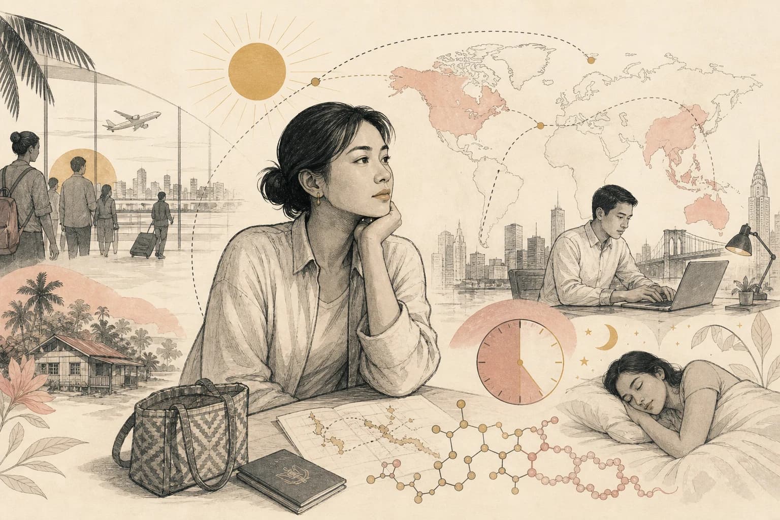 Editorial illustration for “Jet lag, overseas work, and sleep-peptide claims for Filipino travelers and OFWs,” created for Philippine readers.