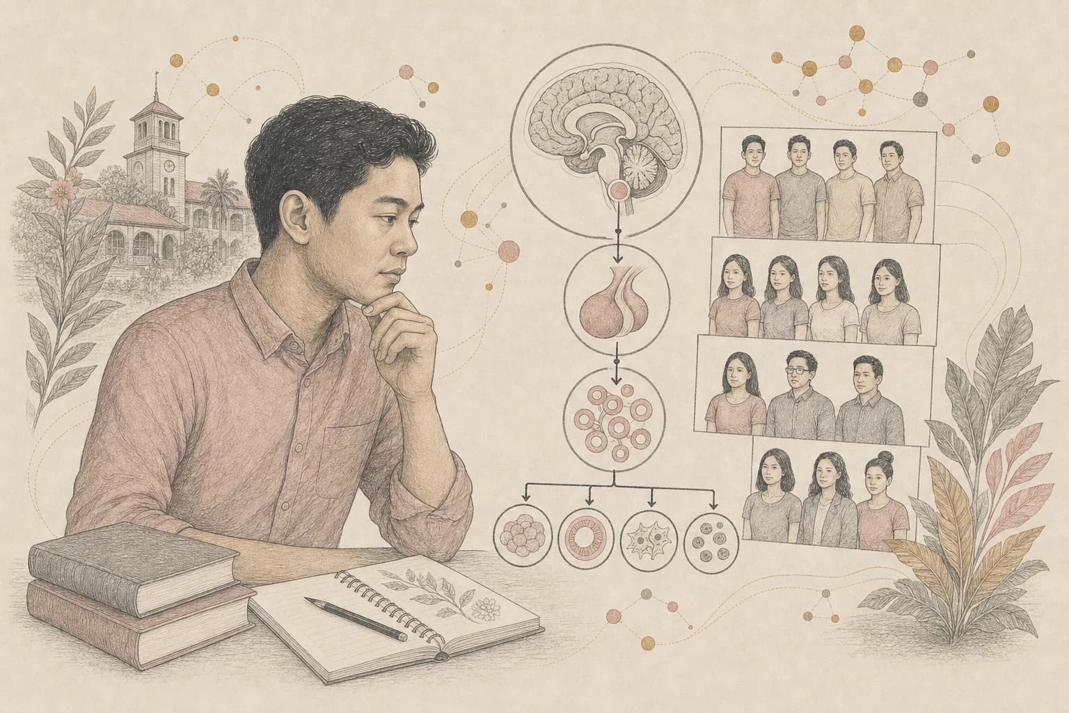 Editorial illustration of Filipino adults and an early reproductive-hormone research pathway