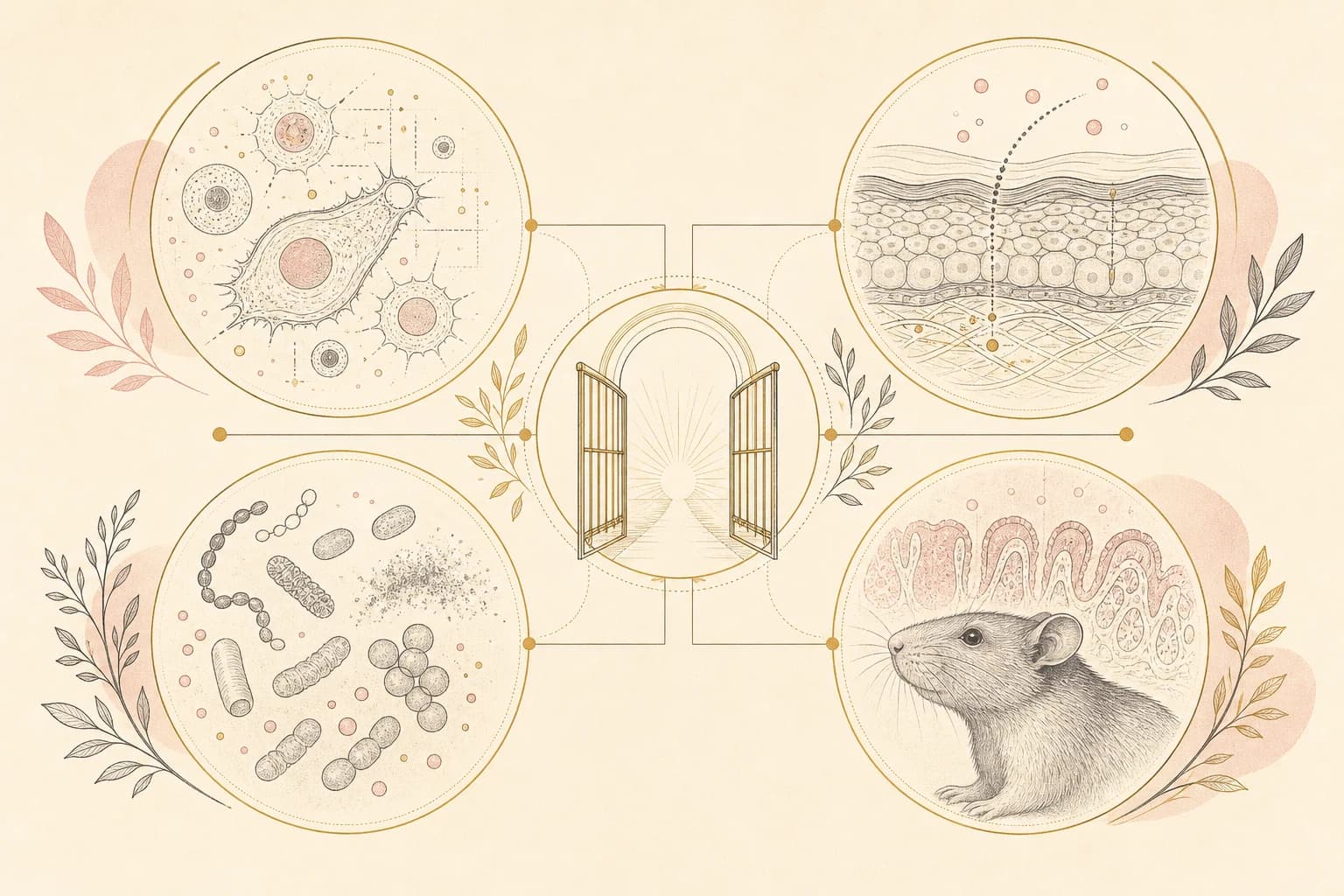 Evidence map separating KPV cell studies, skin-delivery research, microbial assays, and a rat oral-injury model.