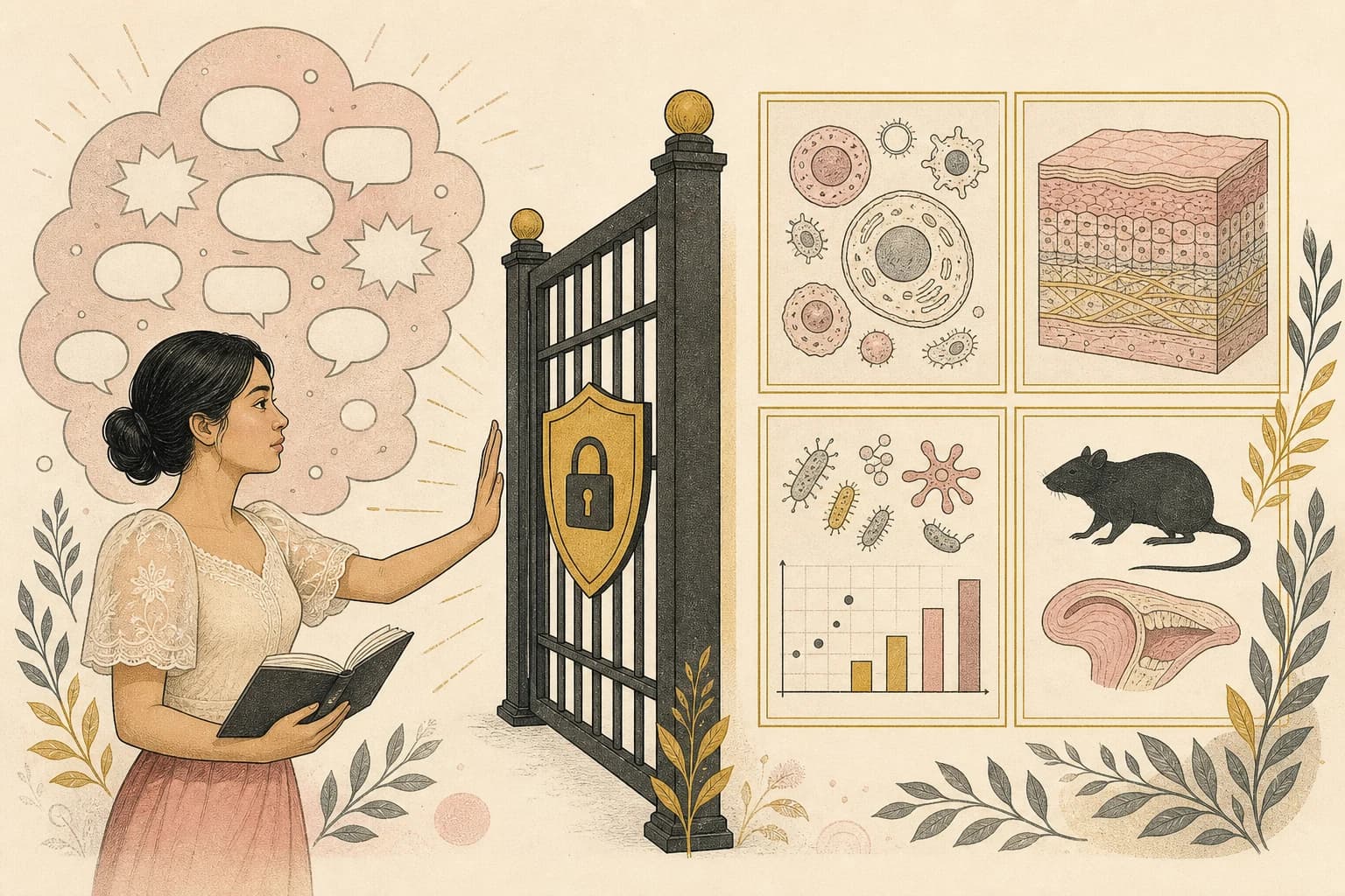Editorial illustration of a Filipino reader separating KPV laboratory research from wound-care claims.