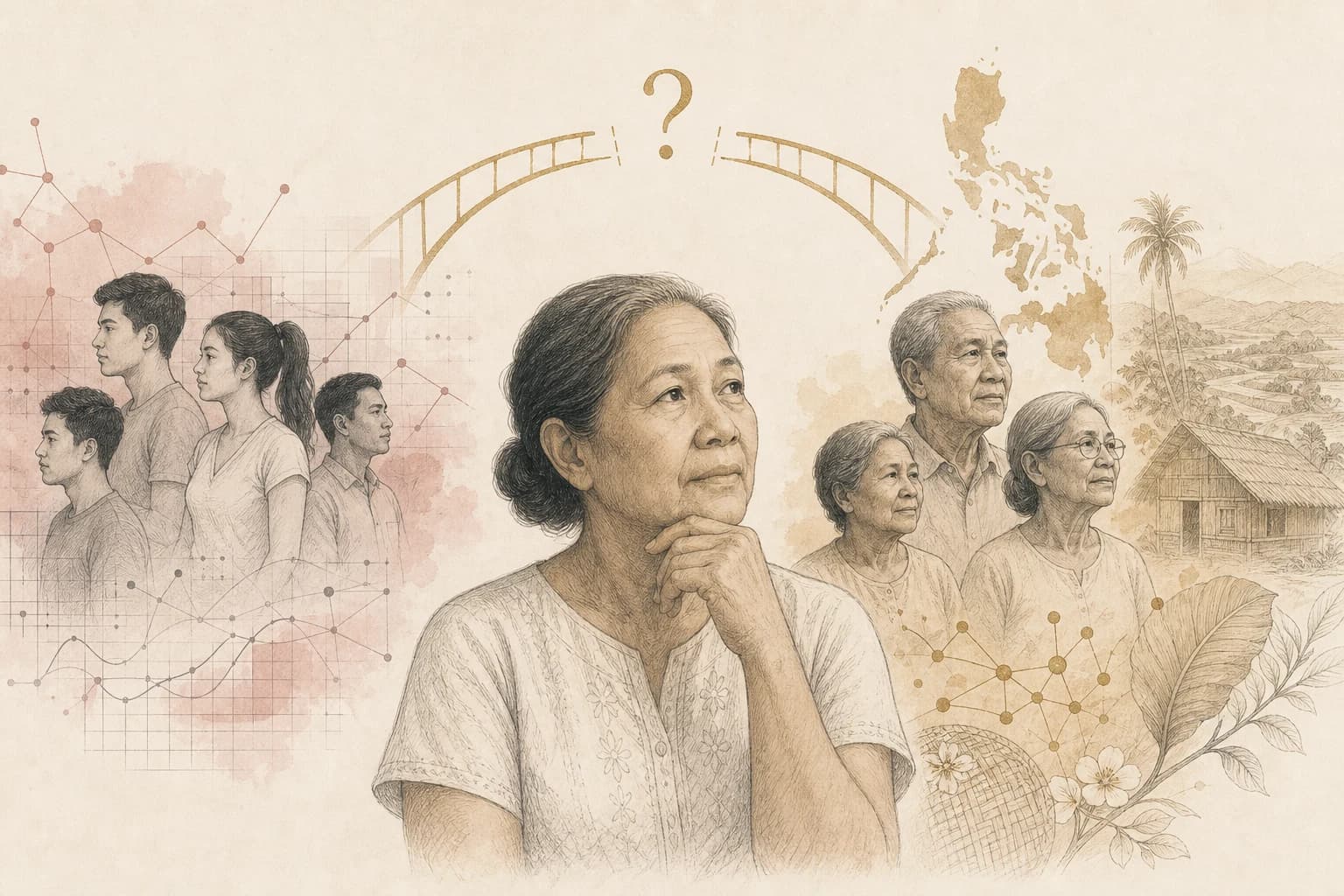 Editorial illustration for “Longevity research in older Filipino adults: beware of evidence borrowed from younger groups,” created for Philippine readers.