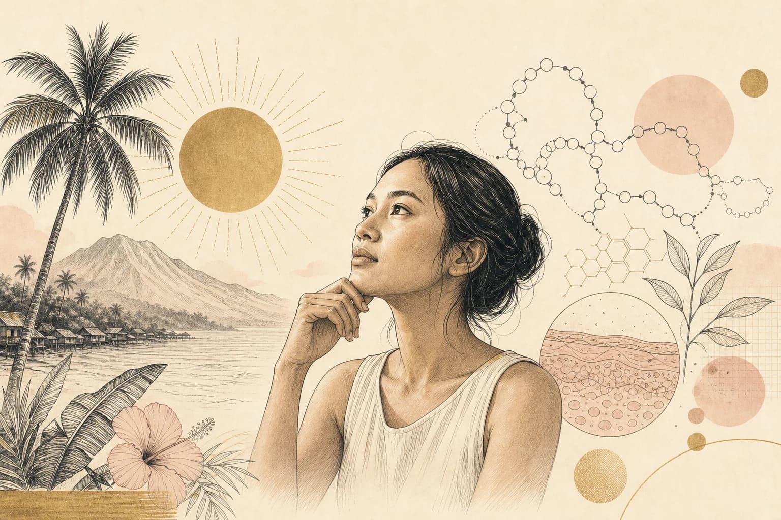 Editorial illustration for “Melanotan in a tropical country: tanning and safety questions,” created for Philippine readers.