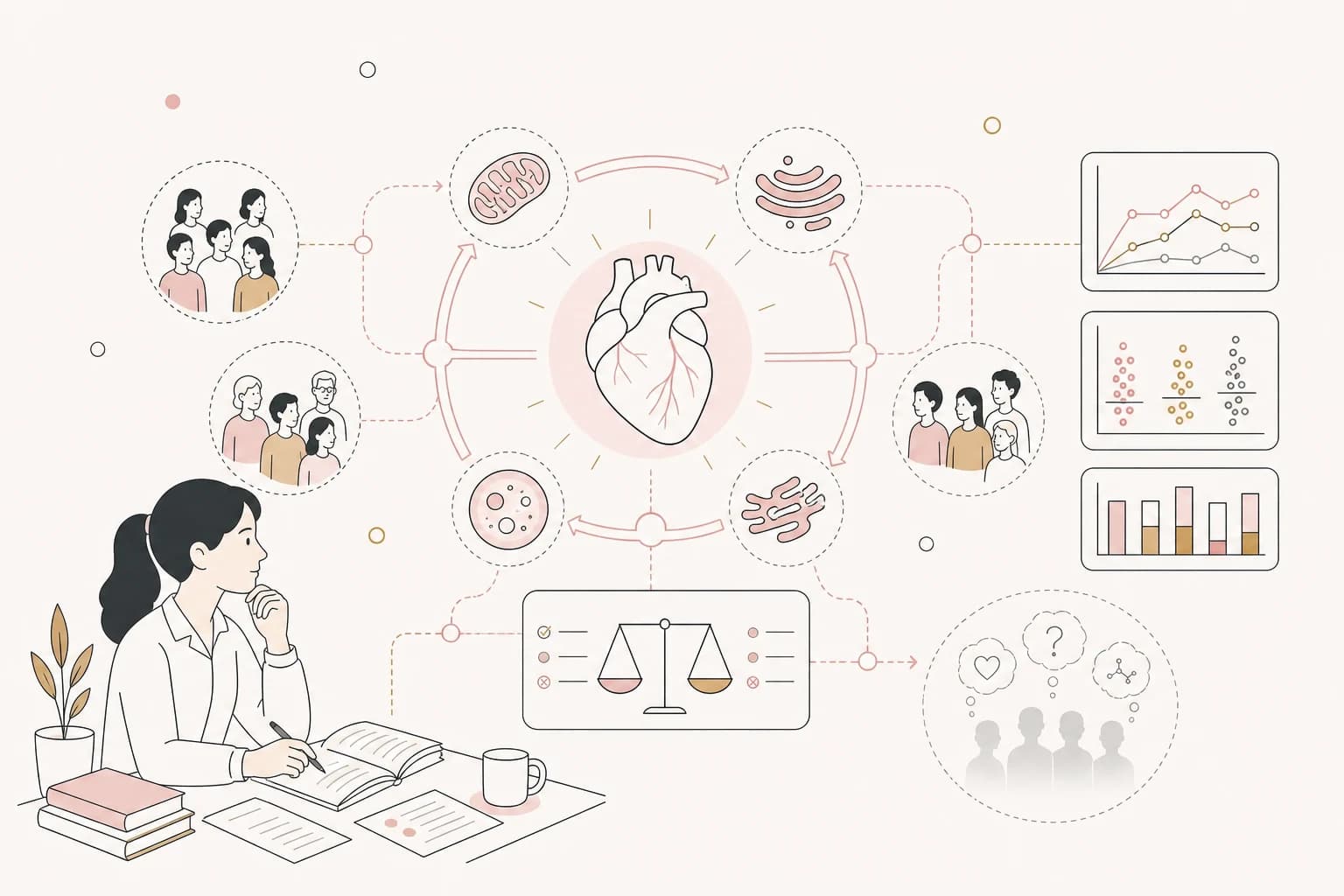 Editorial scene explaining MOTS-c Study Review: MOTS-c Coordinates Inter-Organellar Proteostasis for Adaptation to Chronic Metabolic for Filipino readers