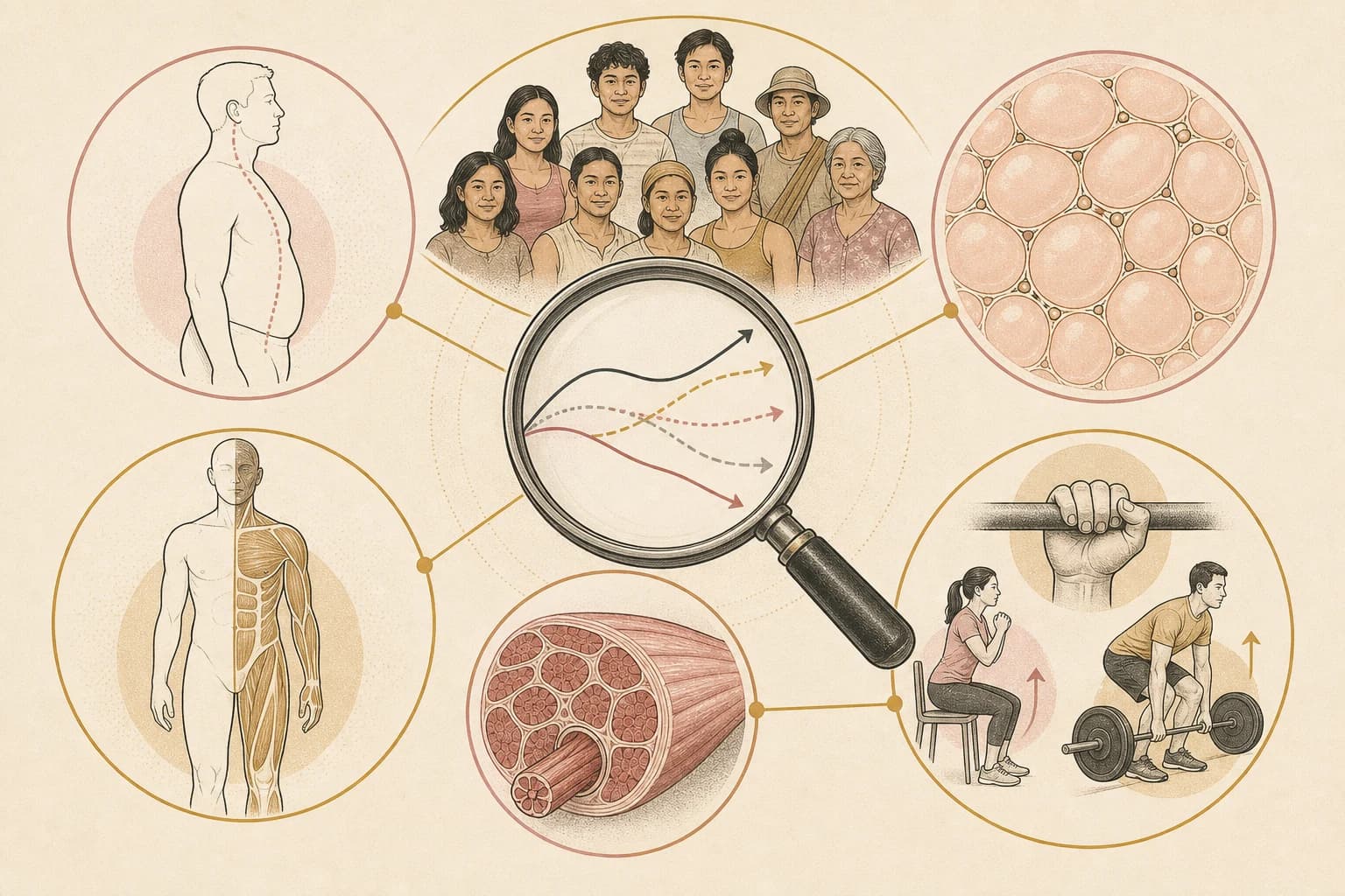 Evidence map separating body weight, fat mass, lean mass, skeletal muscle, and strength measurements.