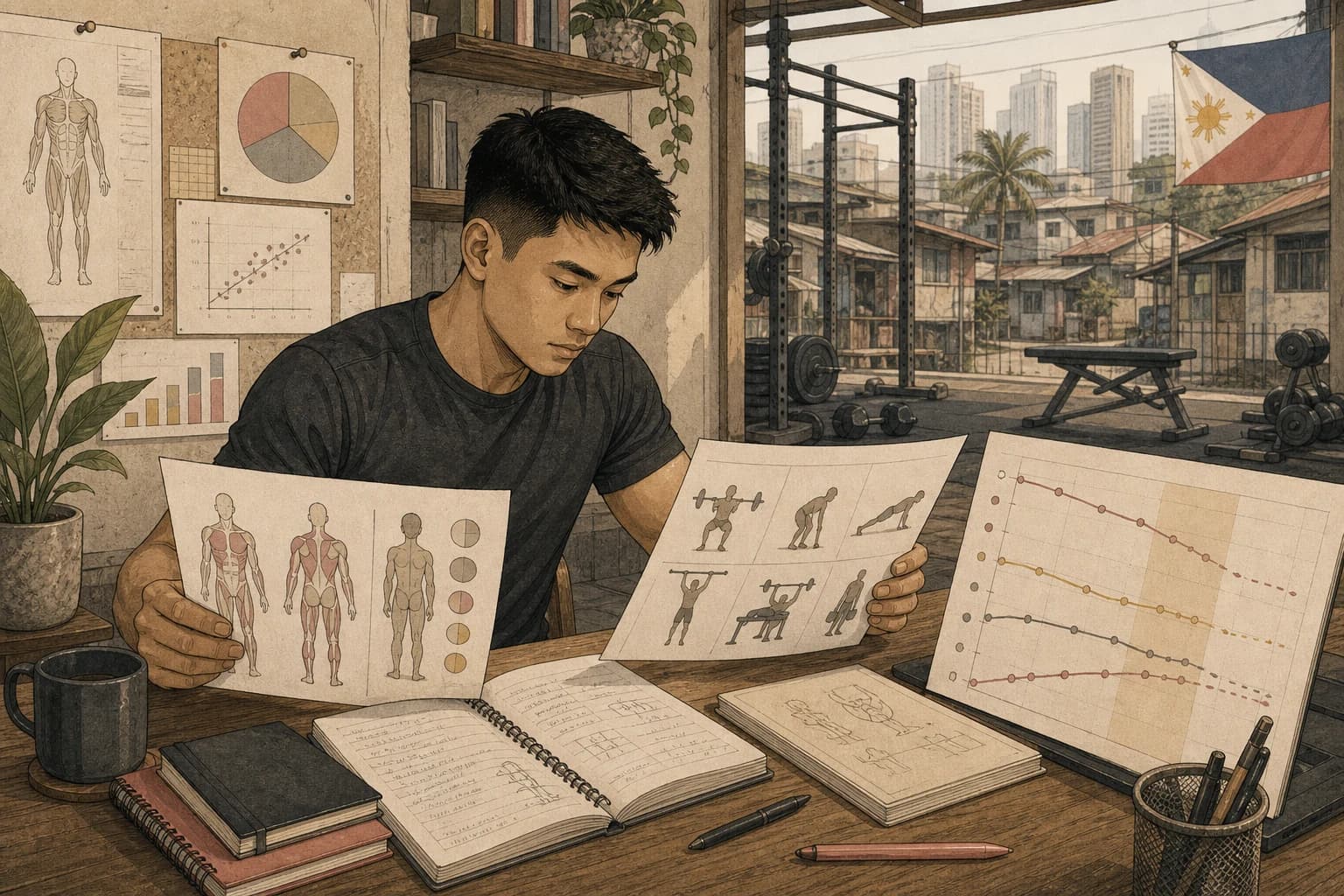 Editorial scene of a Filipino gym member comparing a scale reading with strength and body-composition notes.