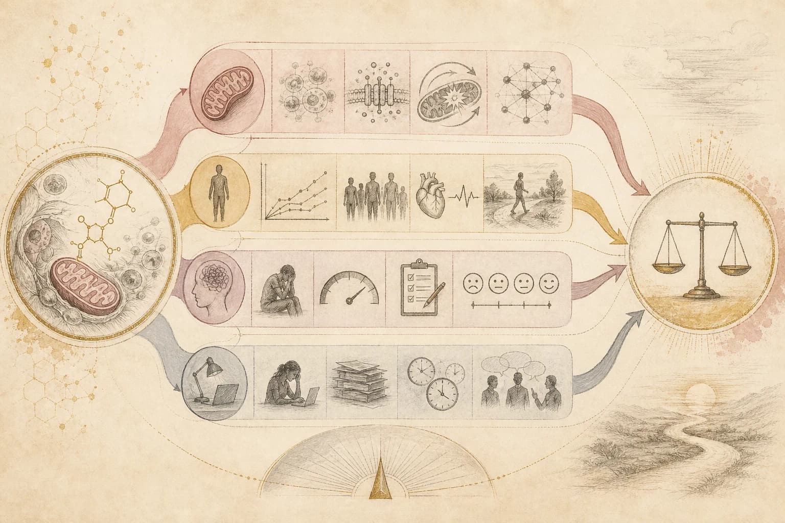 Evidence map separating cellular metabolism, clinical outcomes, fatigue, sleep, and work strain.