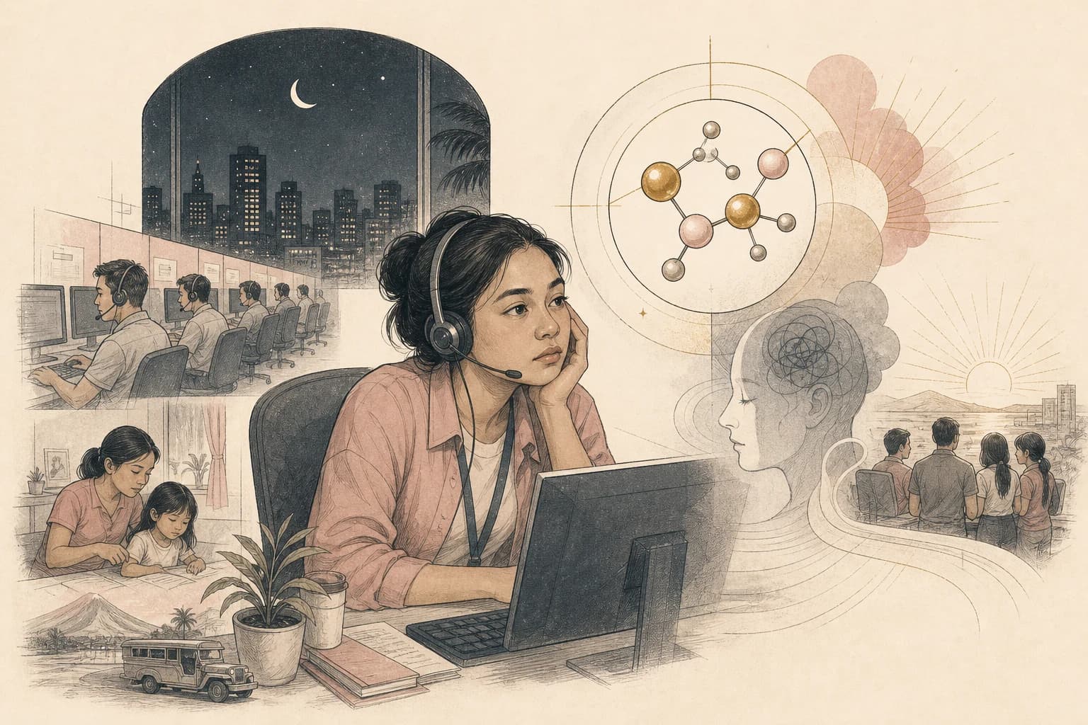 Editorial illustration for “Night-shift work, fatigue, and NAD+ hype in the Philippine BPO workforce,” created for Philippine readers.