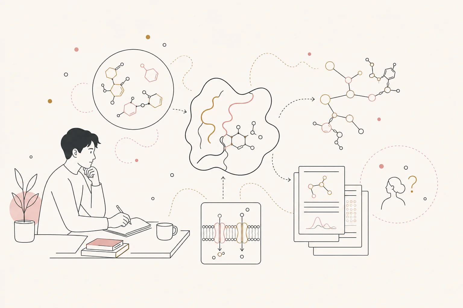 Editorial illustration for “NNMT explained: the enzyme behind 5-Amino-1MQ research,” showing a Filipino reader examining the research context.
