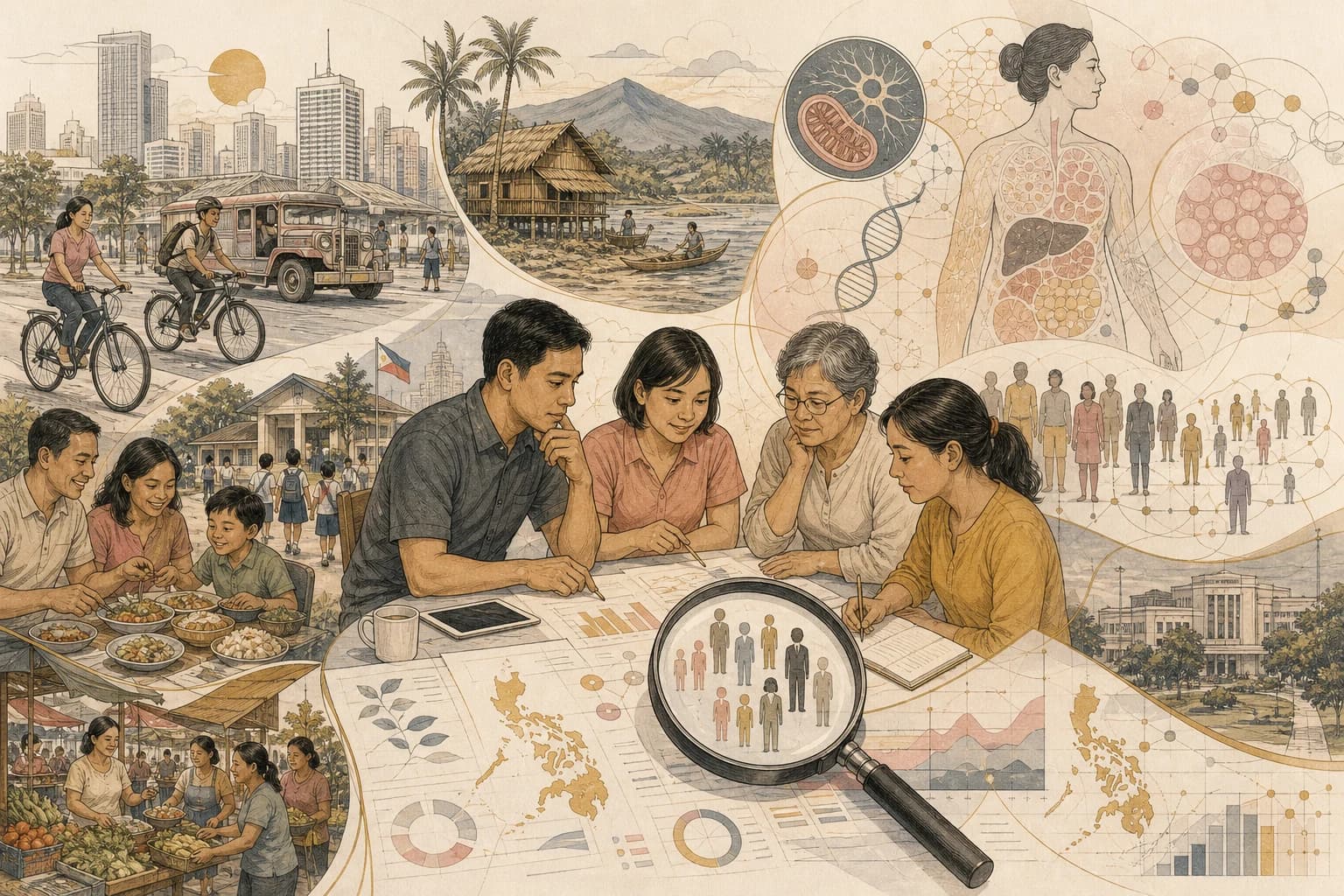Editorial illustration for a Philippines-focused feature on obesity, diabetes, and metabolic research.