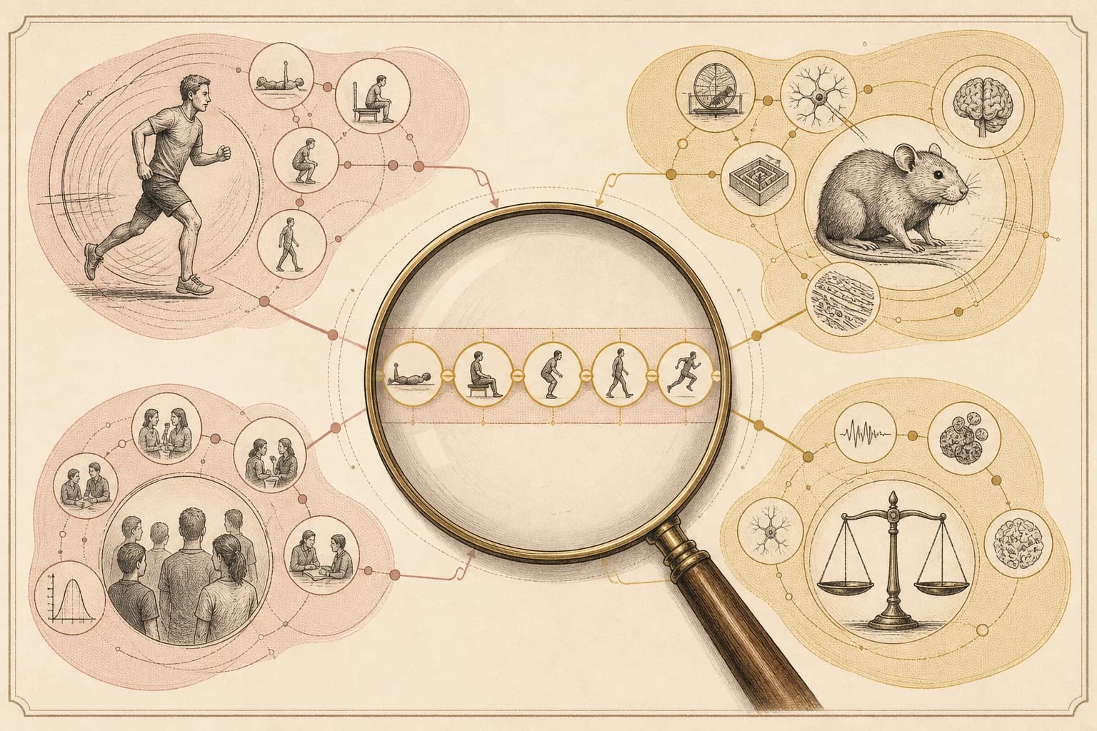Evidence map separating rehabilitation milestones, animal findings, trial status, and safety questions.