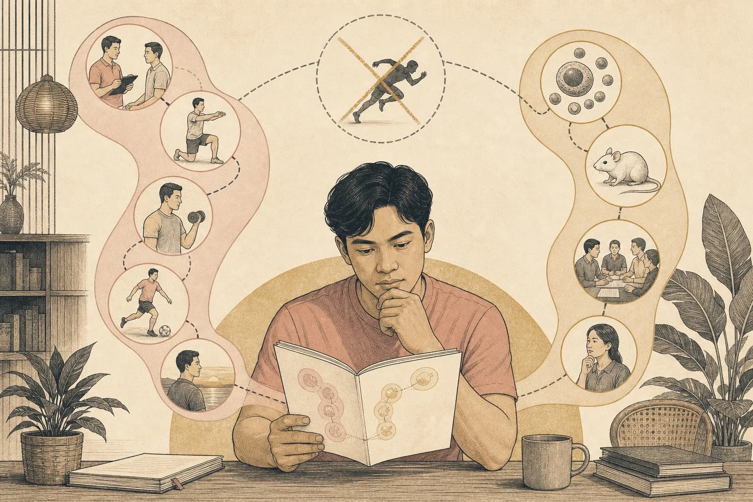 Editorial illustration of a Filipino reader comparing a rehabilitation plan with carefully labeled peptide research.
