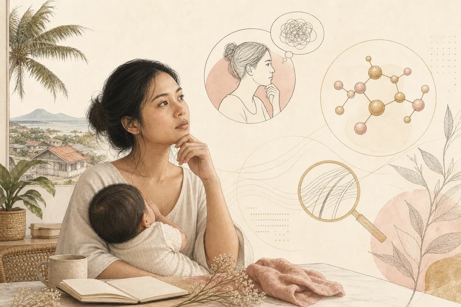 Editorial illustration for “Postpartum hair loss and copper peptides: how to read claims carefully,” created for Philippine readers.
