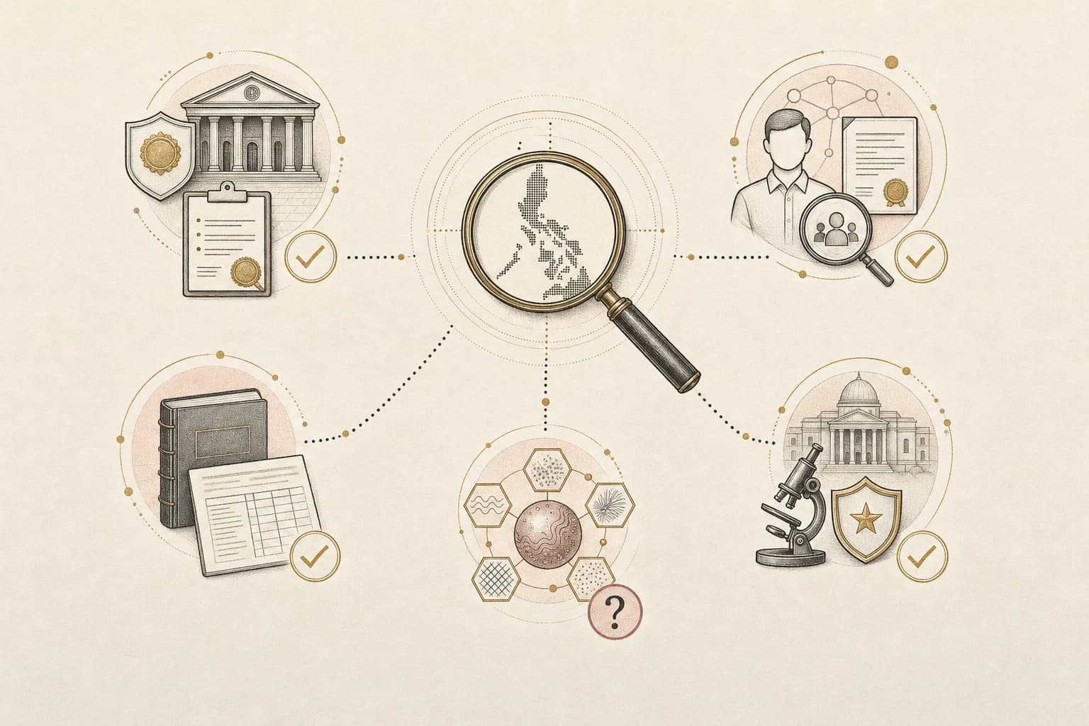 Evidence map separating product registration, seller licensing, transaction records, package checks, and official authentication.