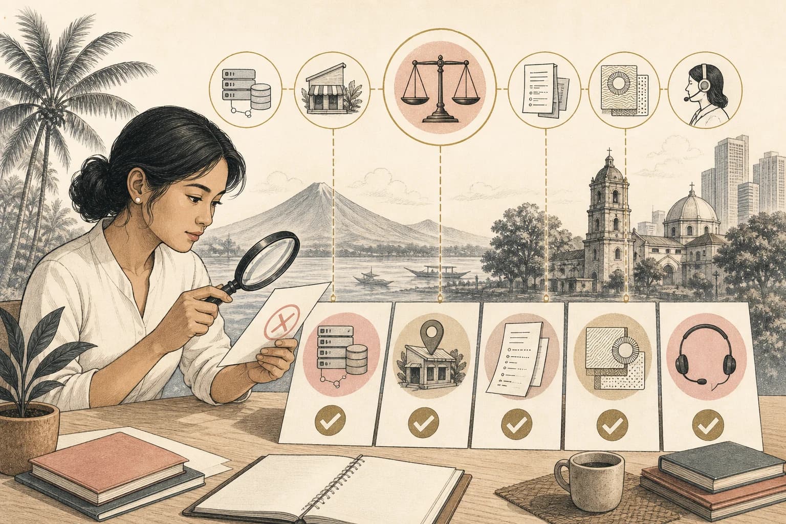 Editorial illustration for a Philippines-focused guide to checking product records, sellers, receipts, and packaging.