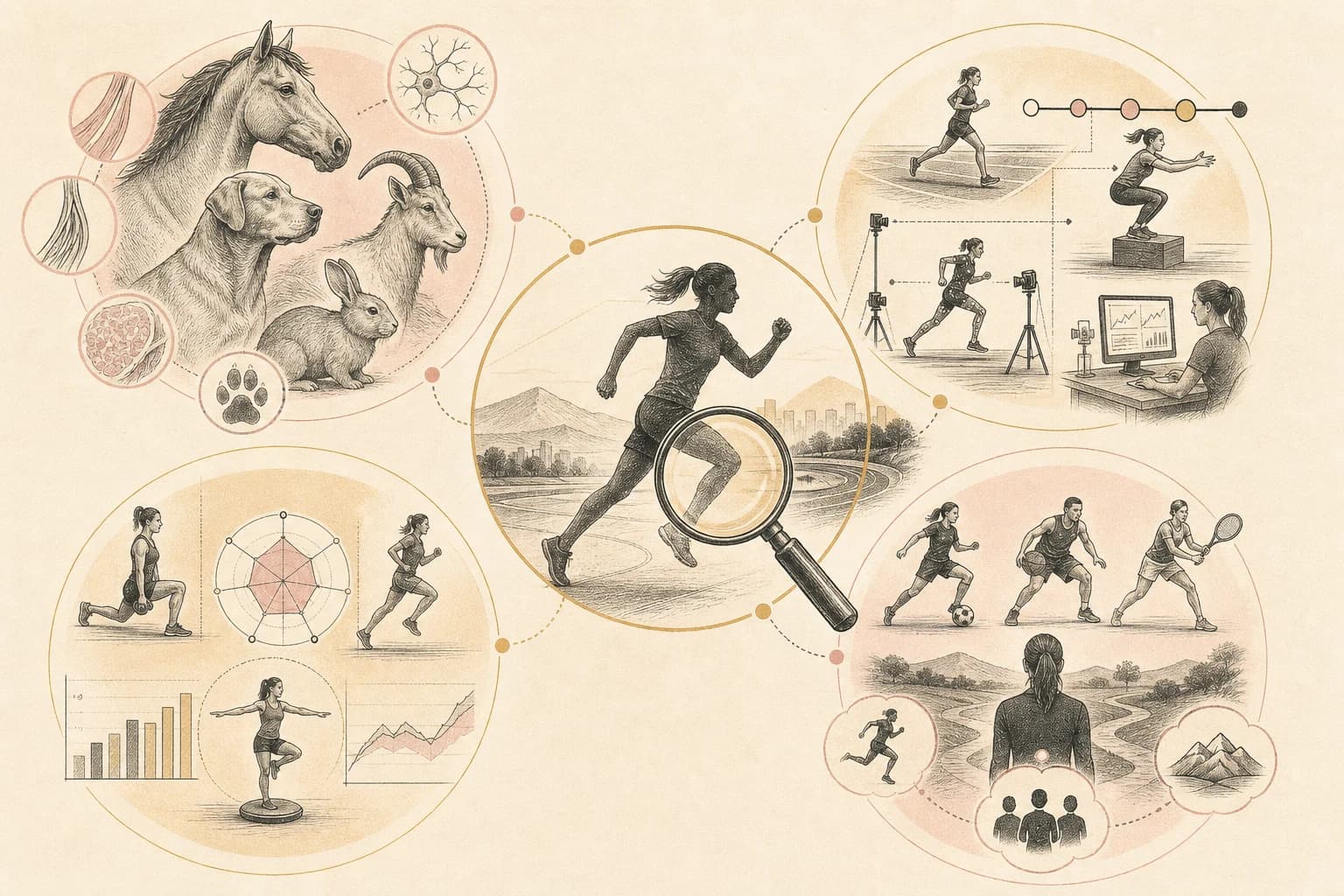 Evidence map separating animal findings, a trial protocol, rehabilitation measures, and return-to-sport questions.