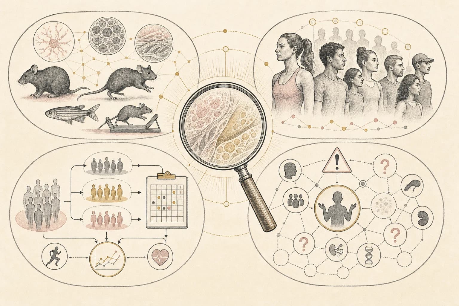 Evidence map separating animal models, human reports, trial plans, and safety questions for recovery peptide claims.