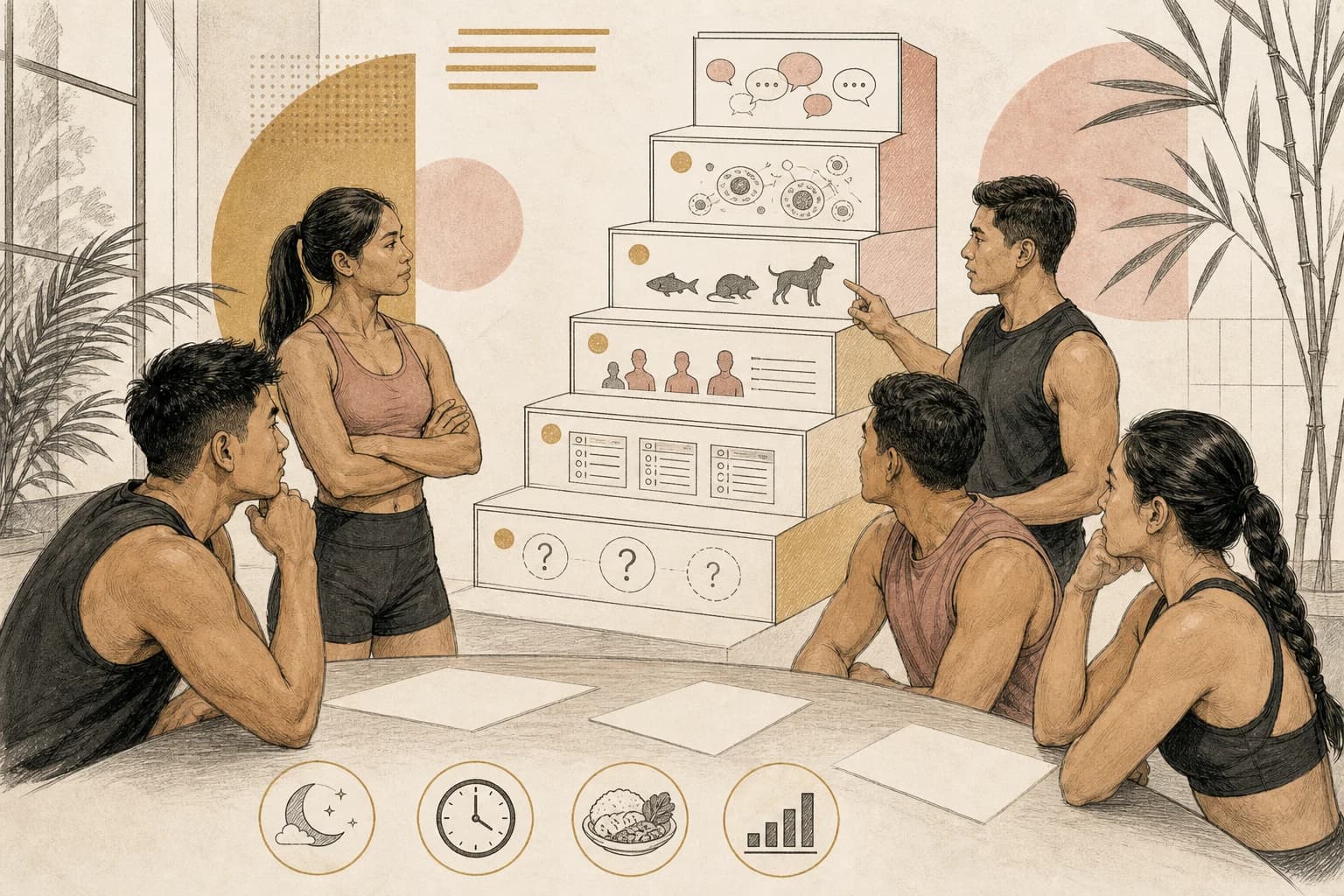 Editorial illustration of a Filipino functional-fitness reader comparing recovery claims with research notes.