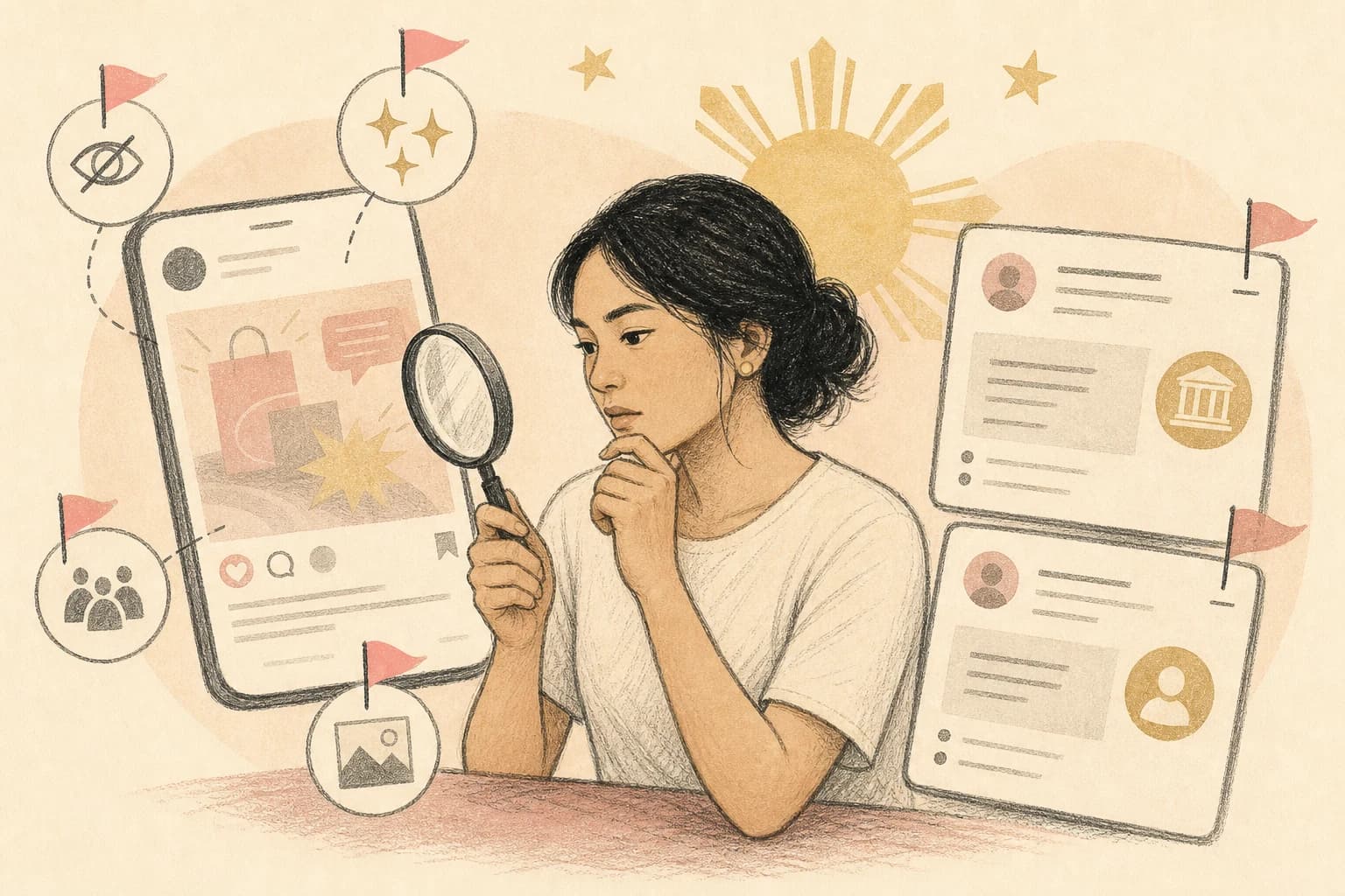 Editorial illustration of a Filipino reader checking the details in a GLP-1 social-media advertisement.
