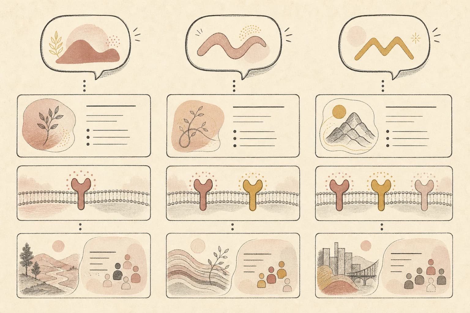 Evidence map separating full molecule names, receptor patterns, and trial contexts.