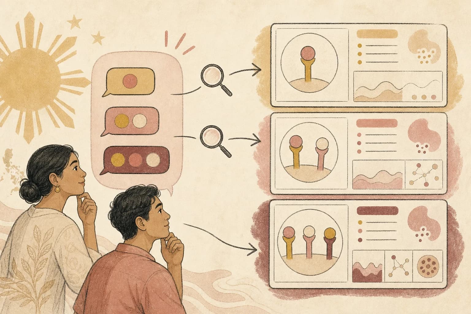 Editorial scene explaining “Reta,” “tirz,” and “sema”: decoding the shorthand in Philippine peptide groups for Filipino readers