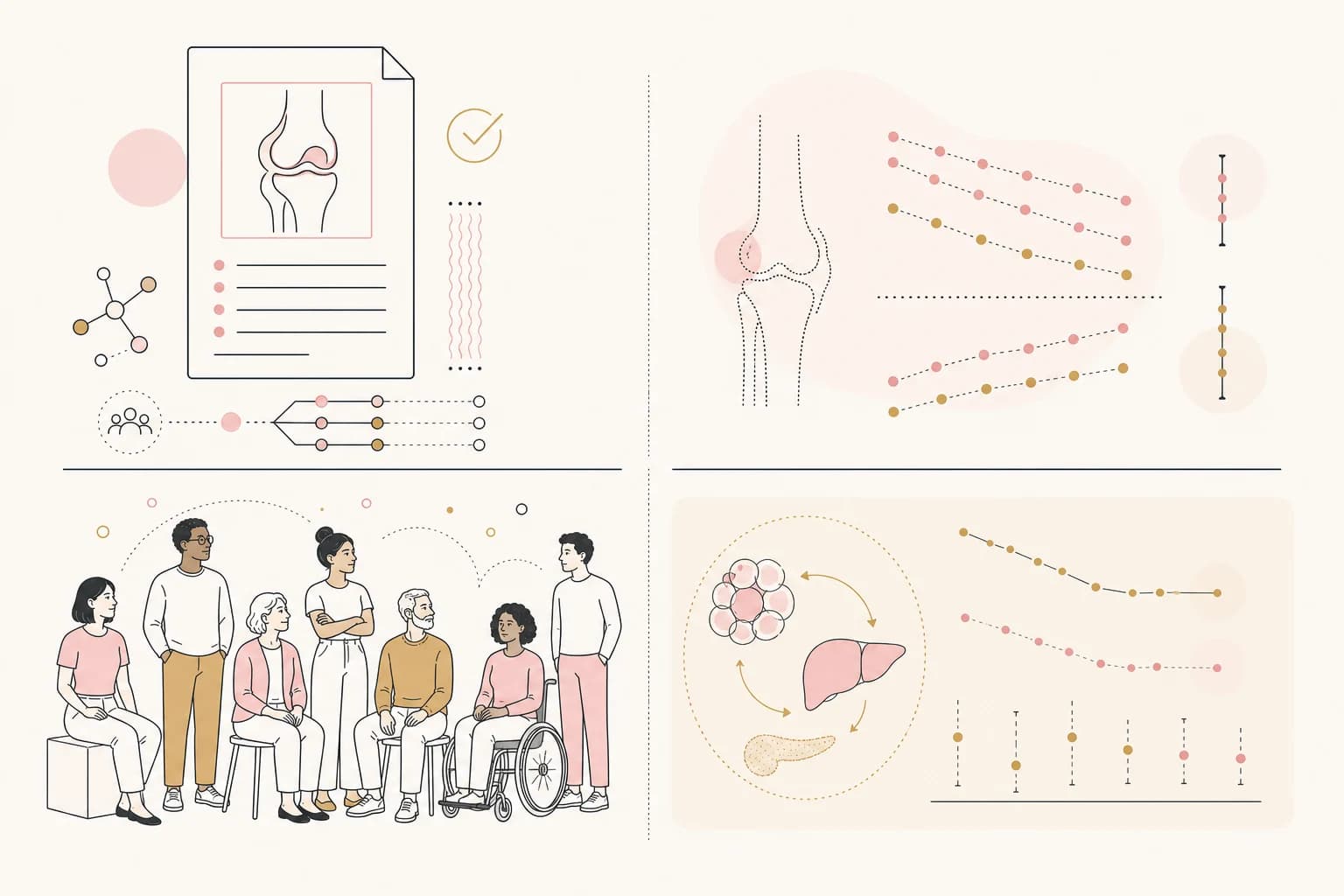 Editorial diagram distinguishing knee osteoarthritis trial design from completed study outcomes.