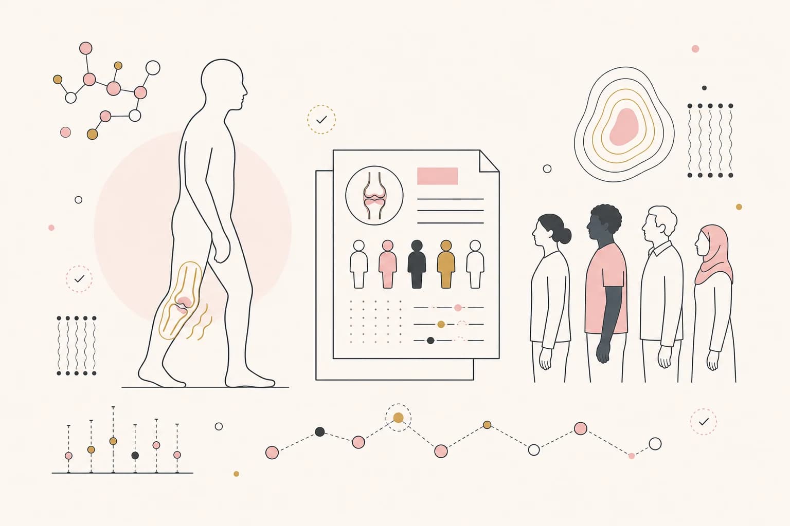 Editorial illustration of knee osteoarthritis research, participants, and trial records.