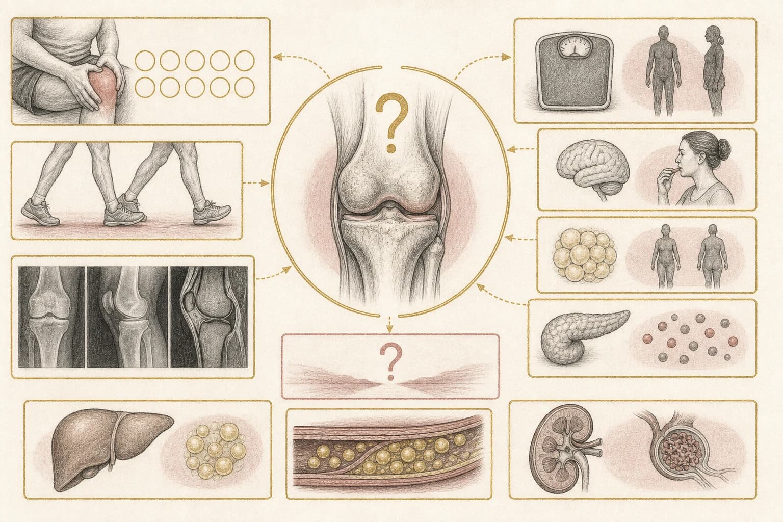 Evidence map separating knee outcomes from retatrutide weight, appetite, fat, liver, lipid, and kidney research