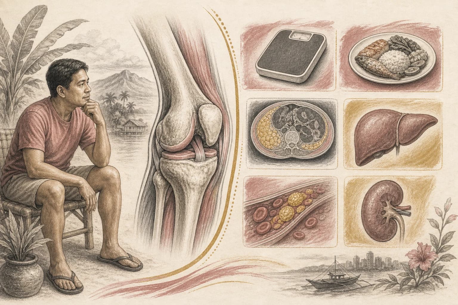 Filipino reader comparing a knee-joint illustration with metabolic research measurements
