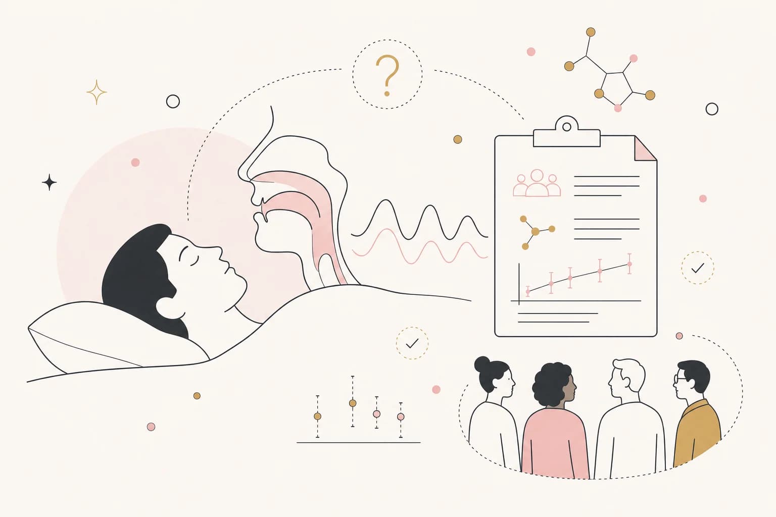 Editorial illustration of sleep apnea research, breathing patterns, and study participants.