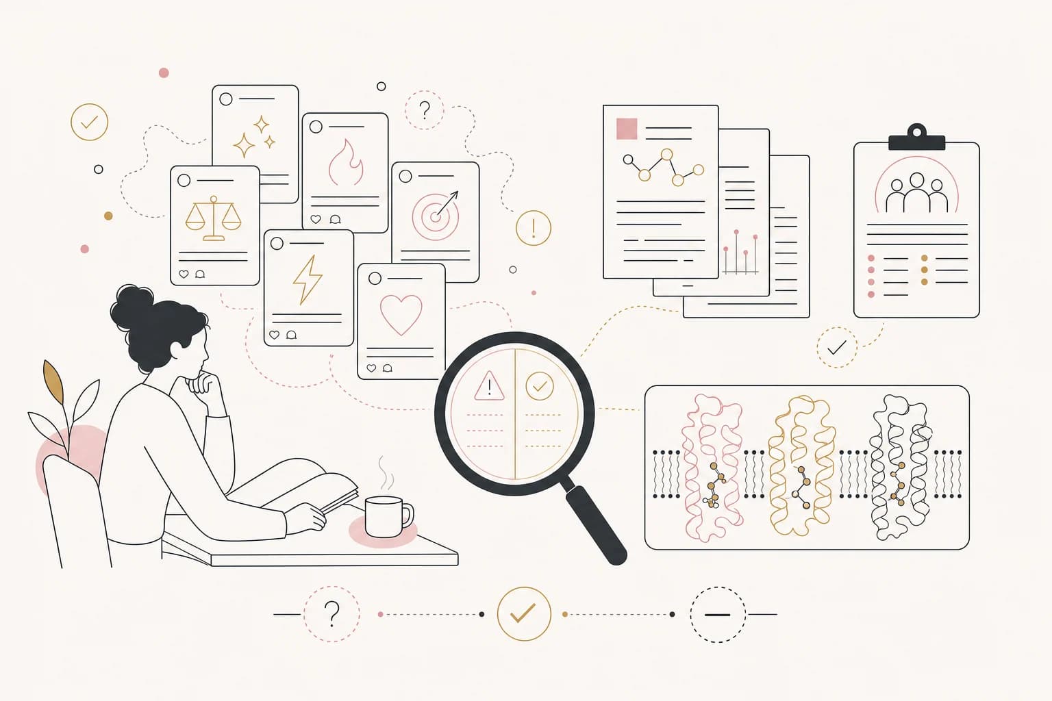 Editorial illustration of a reader fact-checking retatrutide claims against research records.
