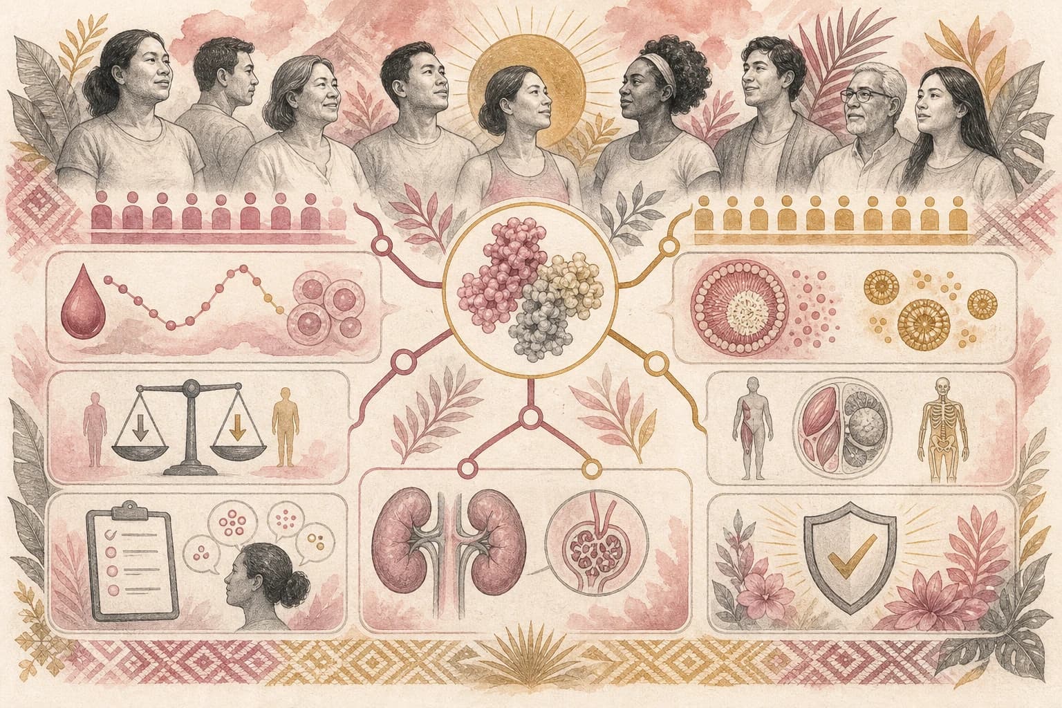 Evidence map separating glucose, appetite, lipid, body-composition, kidney, and safety outcomes