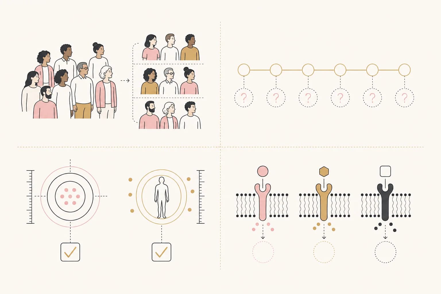 Editorial study-design diagram of participant groups, planned endpoints, and receptor pathways.