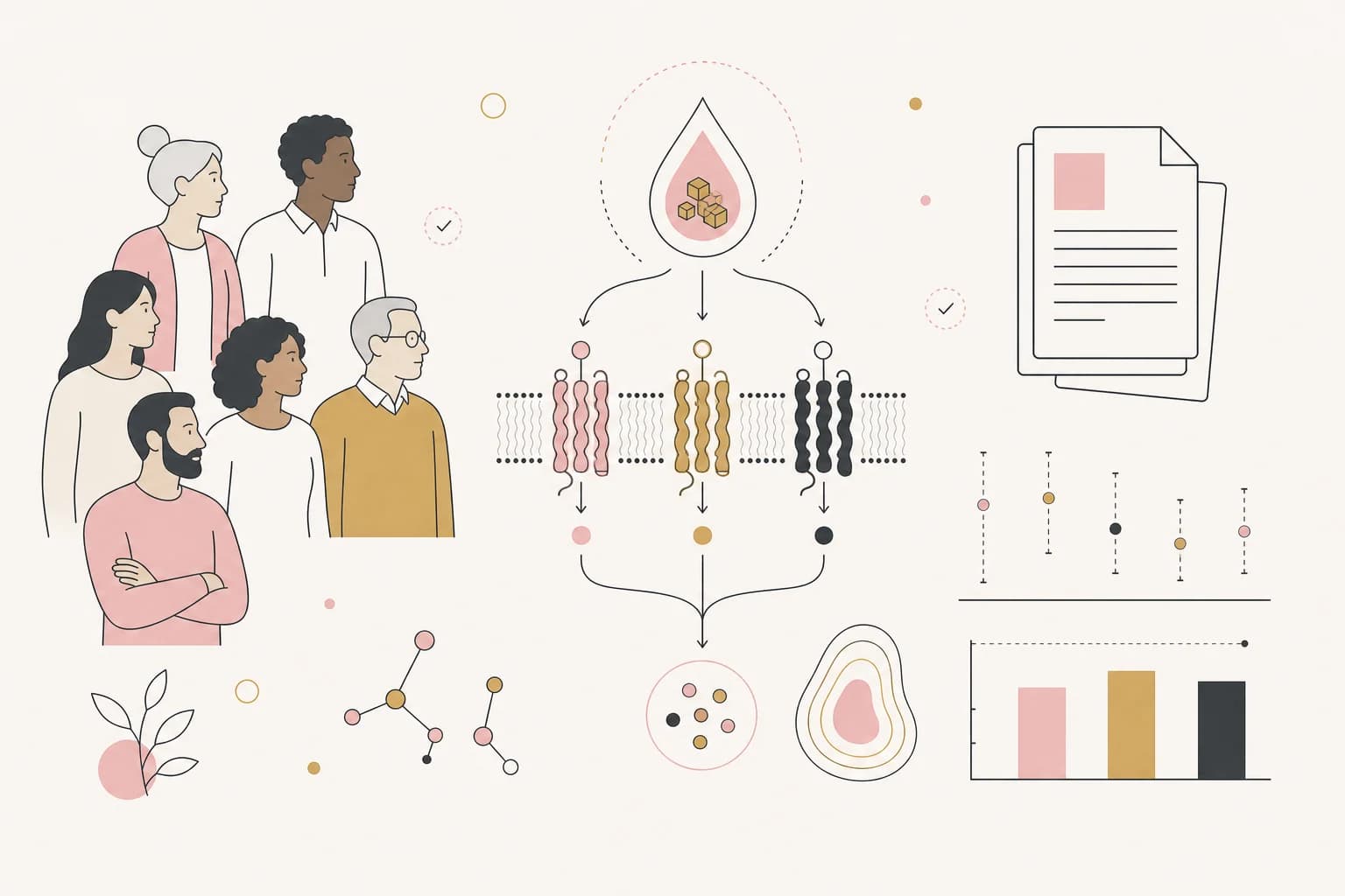Editorial illustration of retatrutide diabetes trials, participants, and planned endpoints.