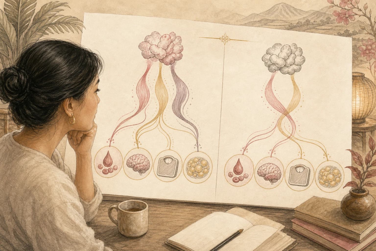 Filipino reader comparing a three-pathway research diagram with a two-pathway diagram